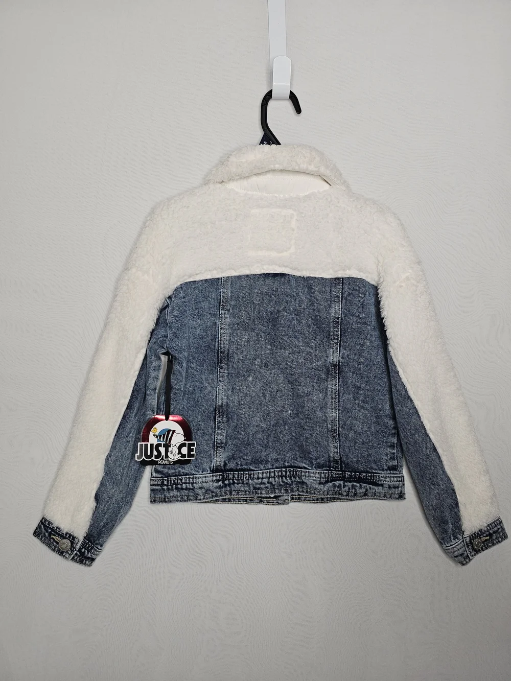 NWT Justice x Peanuts Snoopy Patch Acid Wash Denim Jacket Faux Fur Collar XS 5/6